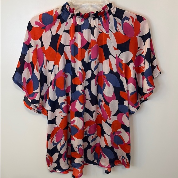 Red, Pink and Blue Blouse with Tie Front and Flutter Sleeves - Picture 3 of 6